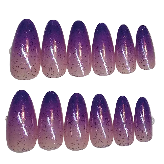 Long almond glittery purple mixed shades ombre