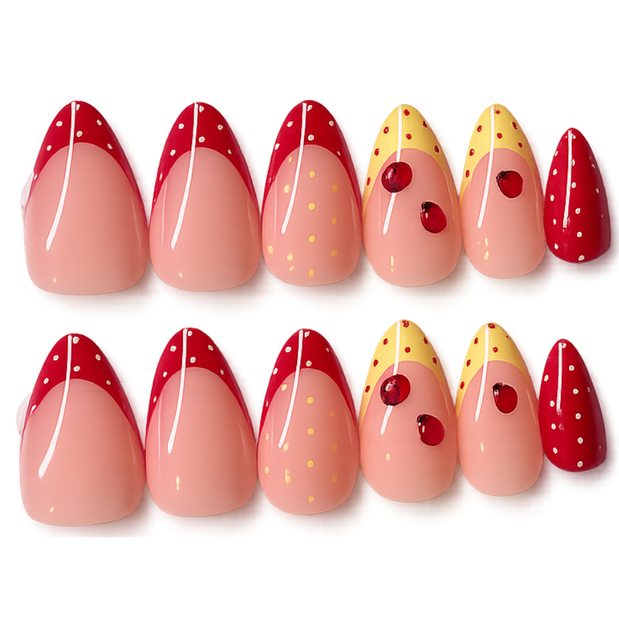 Short almond ladybug red yellow polka