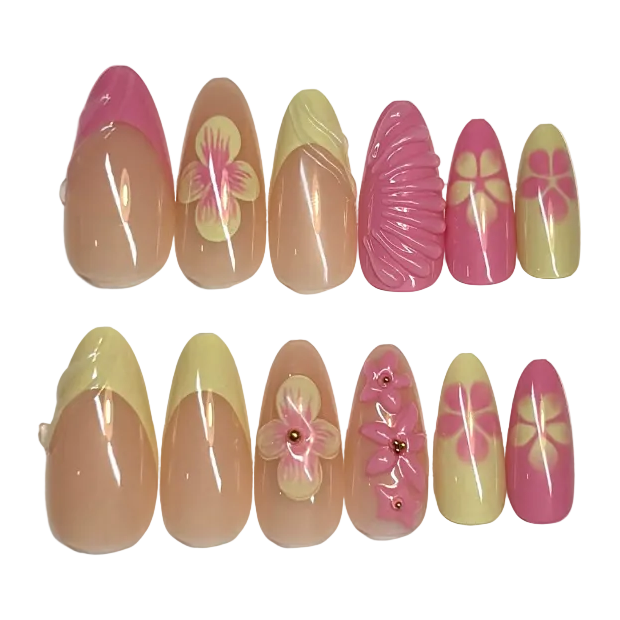 Long almond 3d yellow pinkish french floral designed set